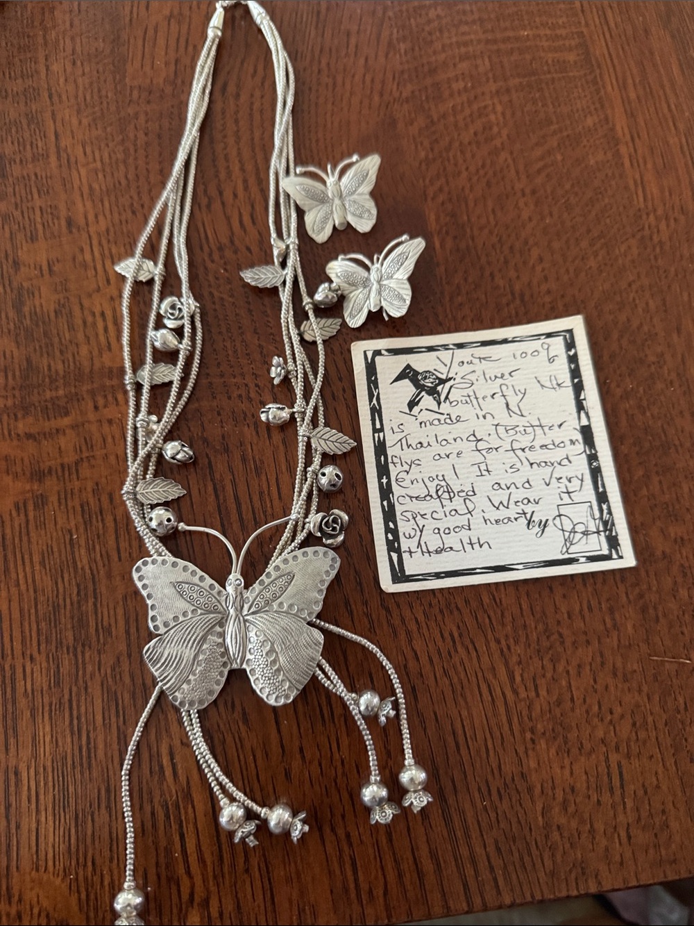 Sterling Silver Butterfly Pendant Necklace and Earrings Set - Silver